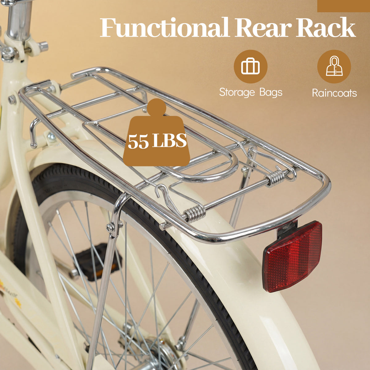 Vélo cruiser de plage pour femmes avec panier tressé et porte-bagages arrière