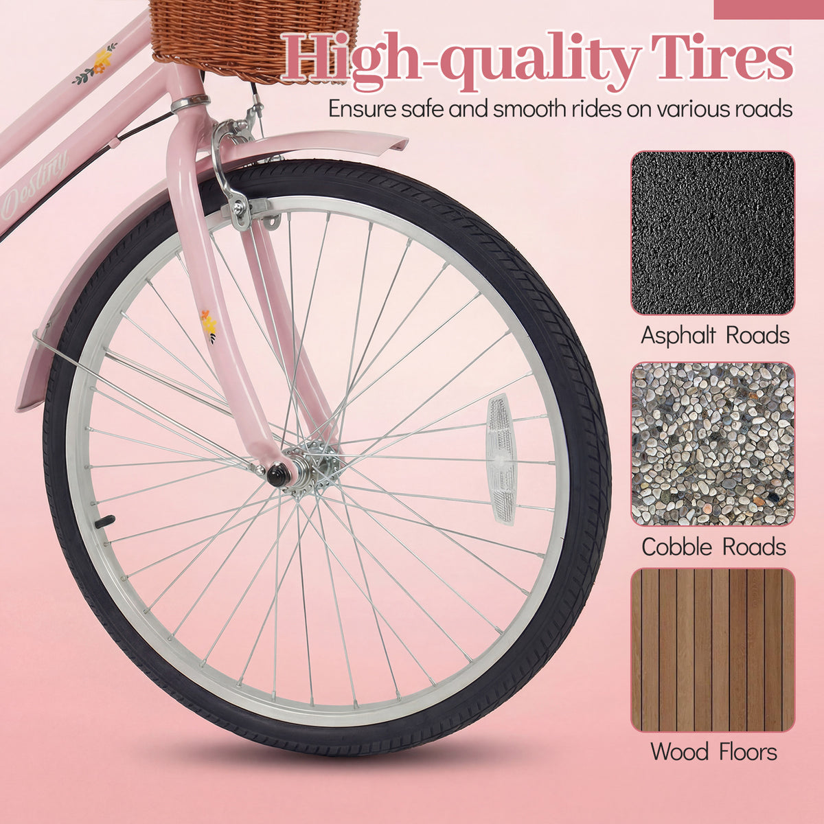 Beach Cruiser Bike for Women with Woven Basket and Rear Rack