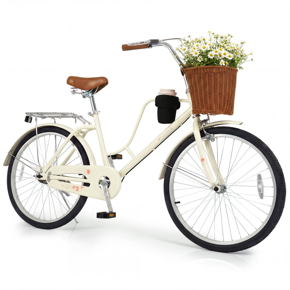 Vélo de plage - roues de 24"/26", panier tressé, porte-gobelet, blanc cassé