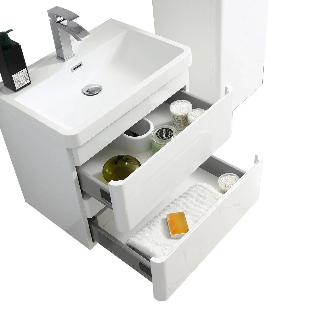 24" Matte White Wall Mount Bathroom Vanity with White Polymarble Countertop