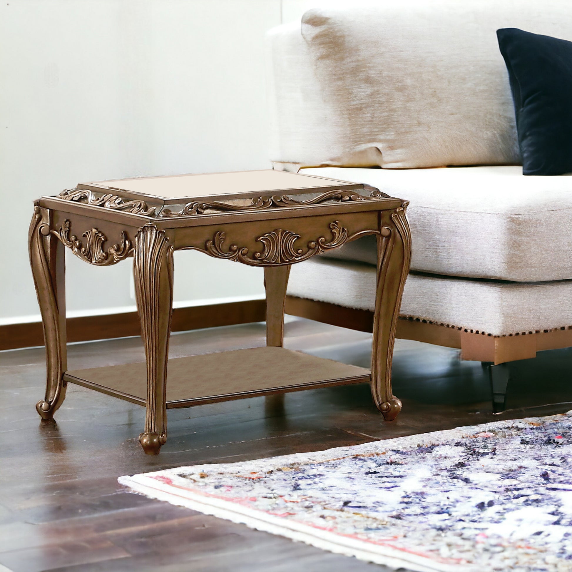 25" Antique Gold And Mirrored Mirrored Square End Table With Magazine Holder-End-Side Tables-DECOROLALA