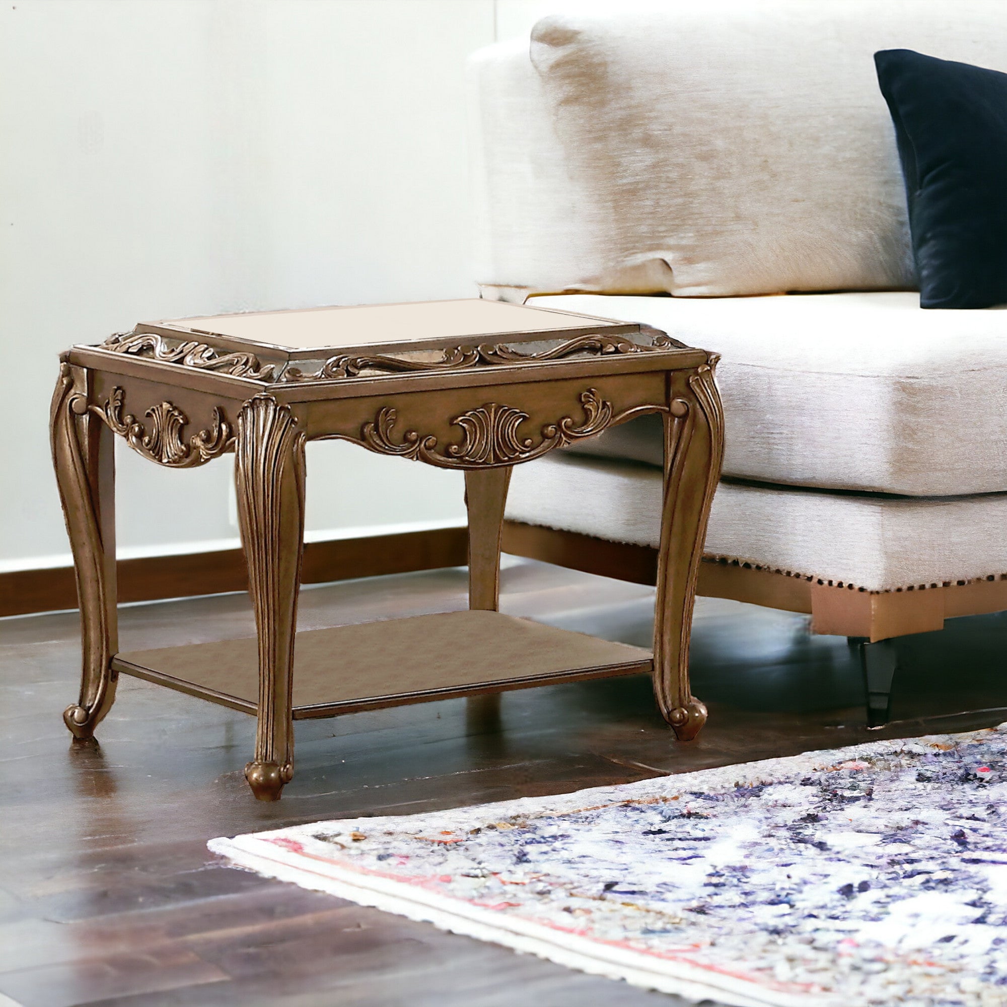 25" Antique Gold And Mirrored Mirrored Square End Table With Magazine Holder-End-Side Tables-DECOROLALA