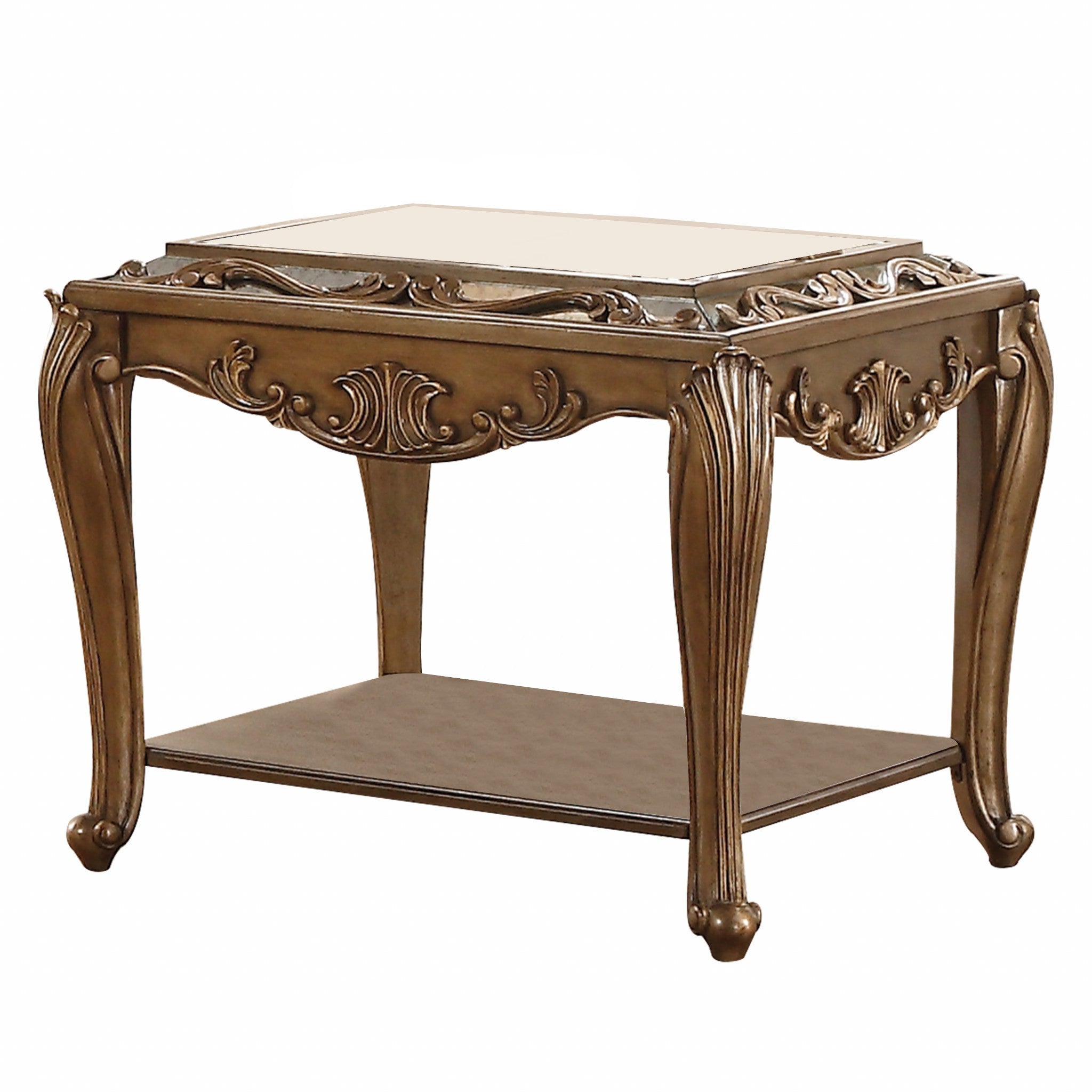 25" Antique Gold And Mirrored Mirrored Square End Table With Magazine Holder-End-Side Tables-DECOROLALA