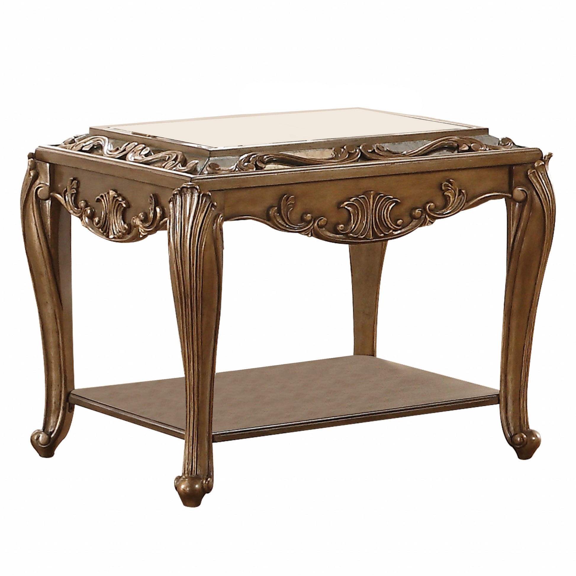 25" Antique Gold And Mirrored Mirrored Square End Table With Magazine Holder-End-Side Tables-DECOROLALA