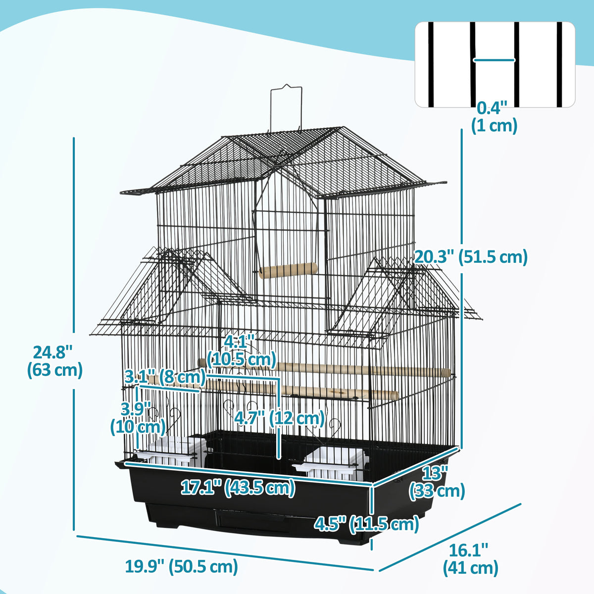 25" Bird Cage with Perch, Swing and Slide-out Tray - Black-Birds-DECOROLALA