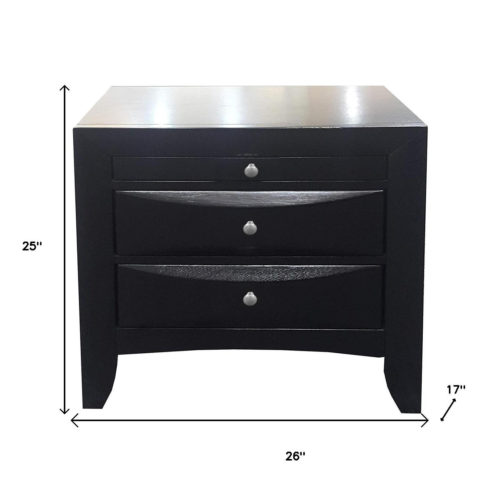 25" Black Solid Wood Three Drawer Nightstand-Nightstands & Bedside Tables-DECOROLALA