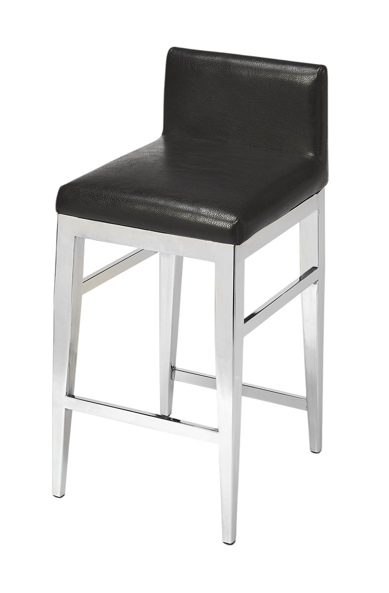 25" Black and Silver Faux Leather and Steel Bar Chair-Bar Chairs-DECOROLALA