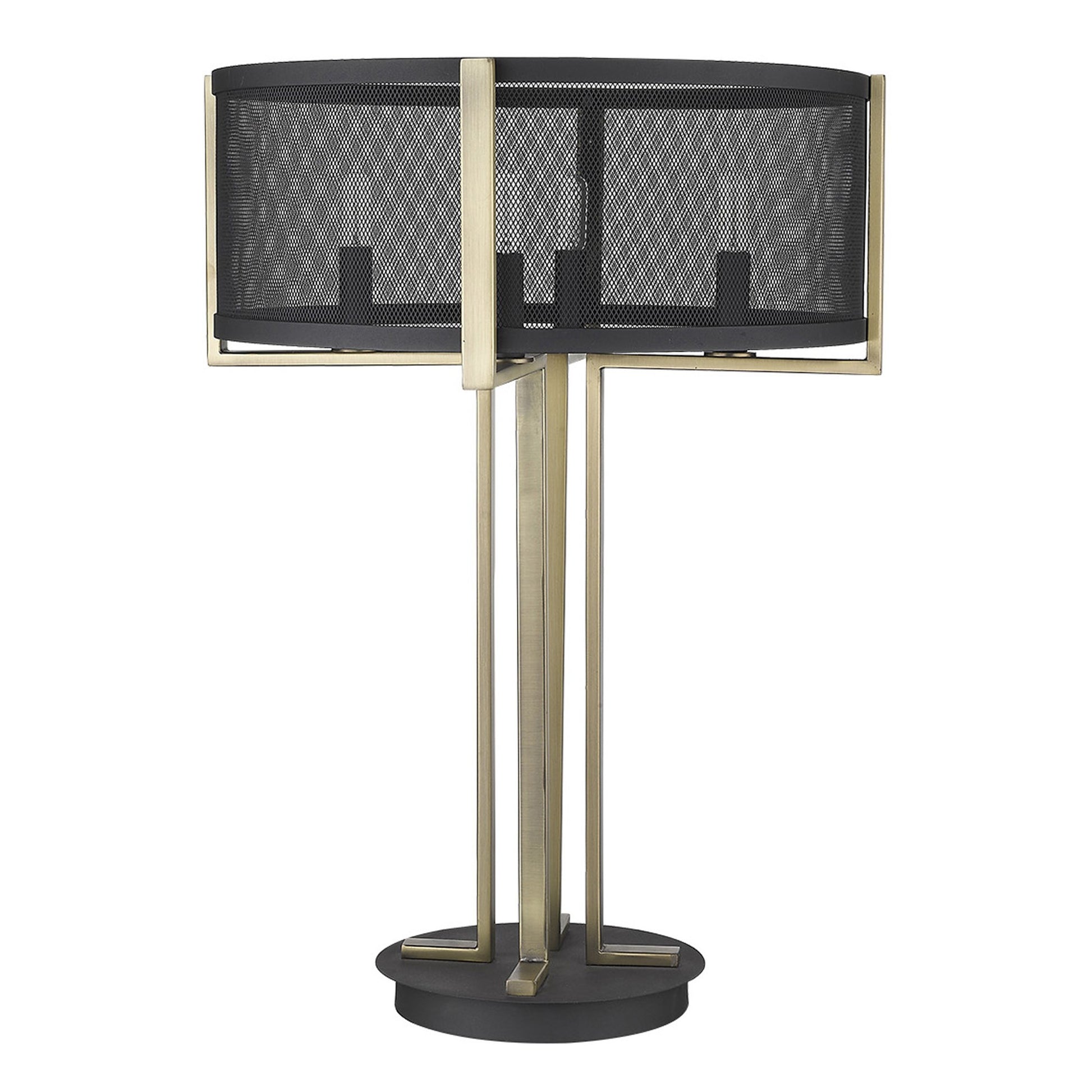 25" Brass Metal Four Light Geometric Table Lamp With Black Drum Shade-Table Lamps-DECOROLALA