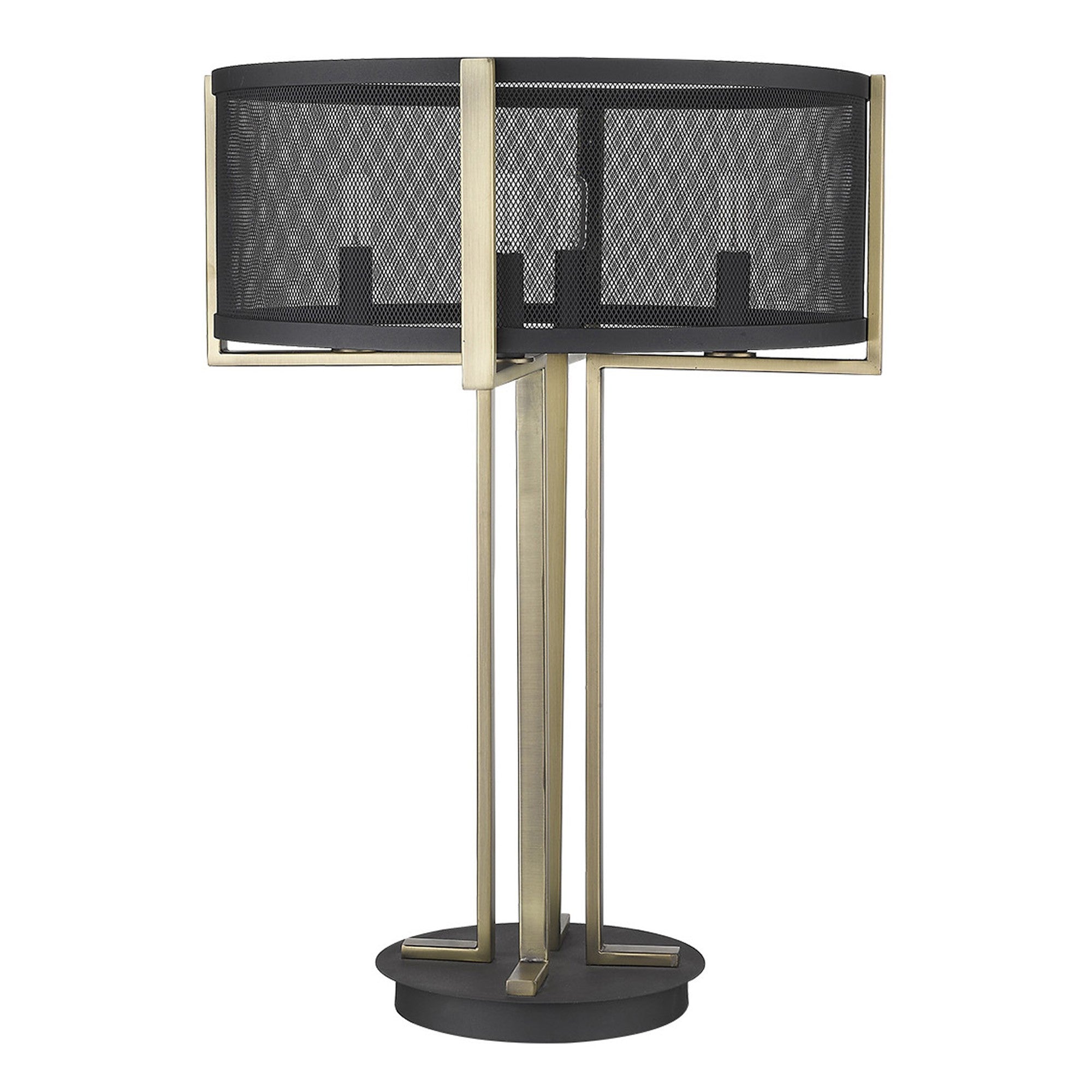 25" Brass Metal Four Light Geometric Table Lamp With Black Drum Shade-Table Lamps-DECOROLALA