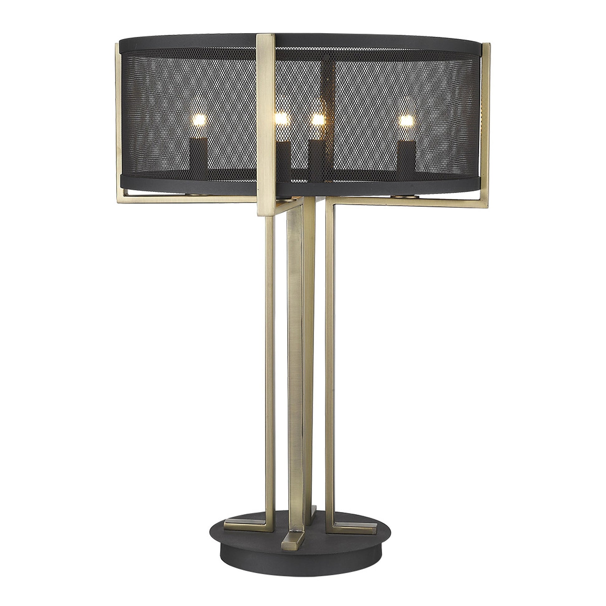 25" Brass Metal Four Light Geometric Table Lamp With Black Drum Shade-Table Lamps-DECOROLALA