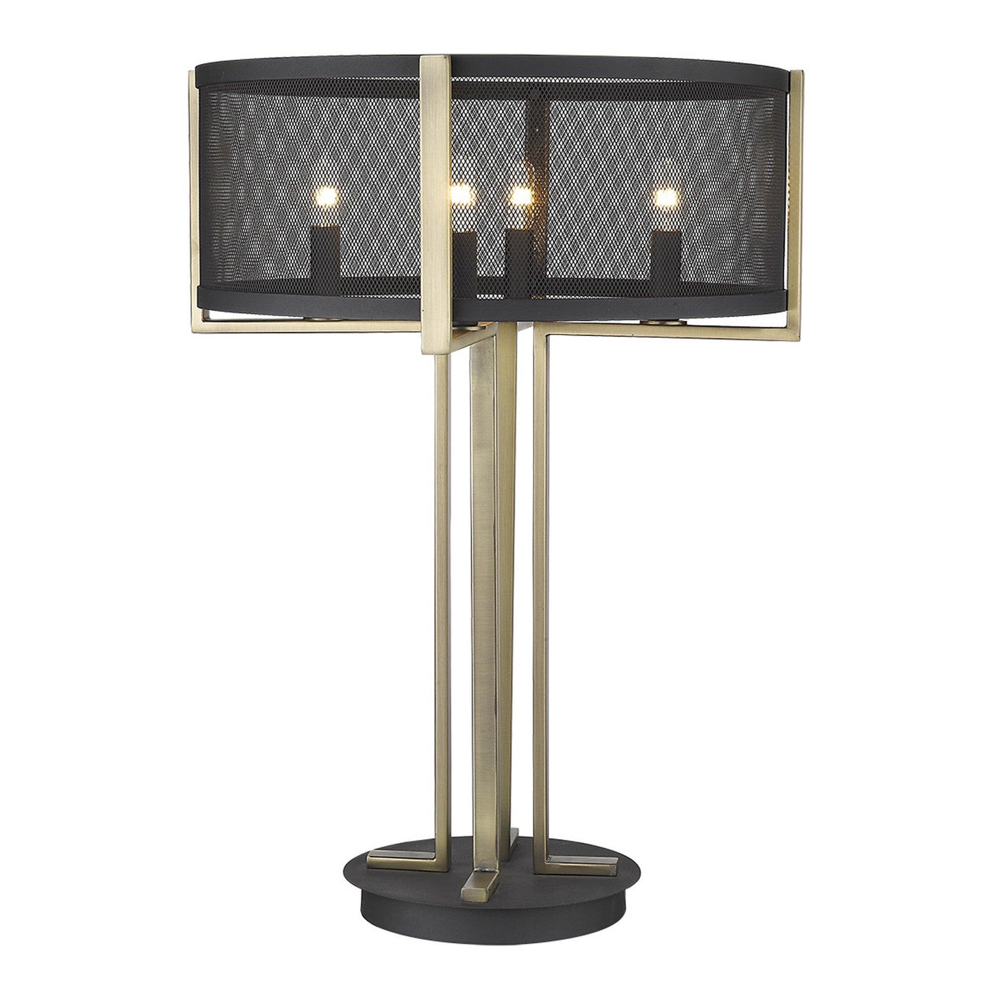 25" Brass Metal Four Light Geometric Table Lamp With Black Drum Shade-Table Lamps-DECOROLALA