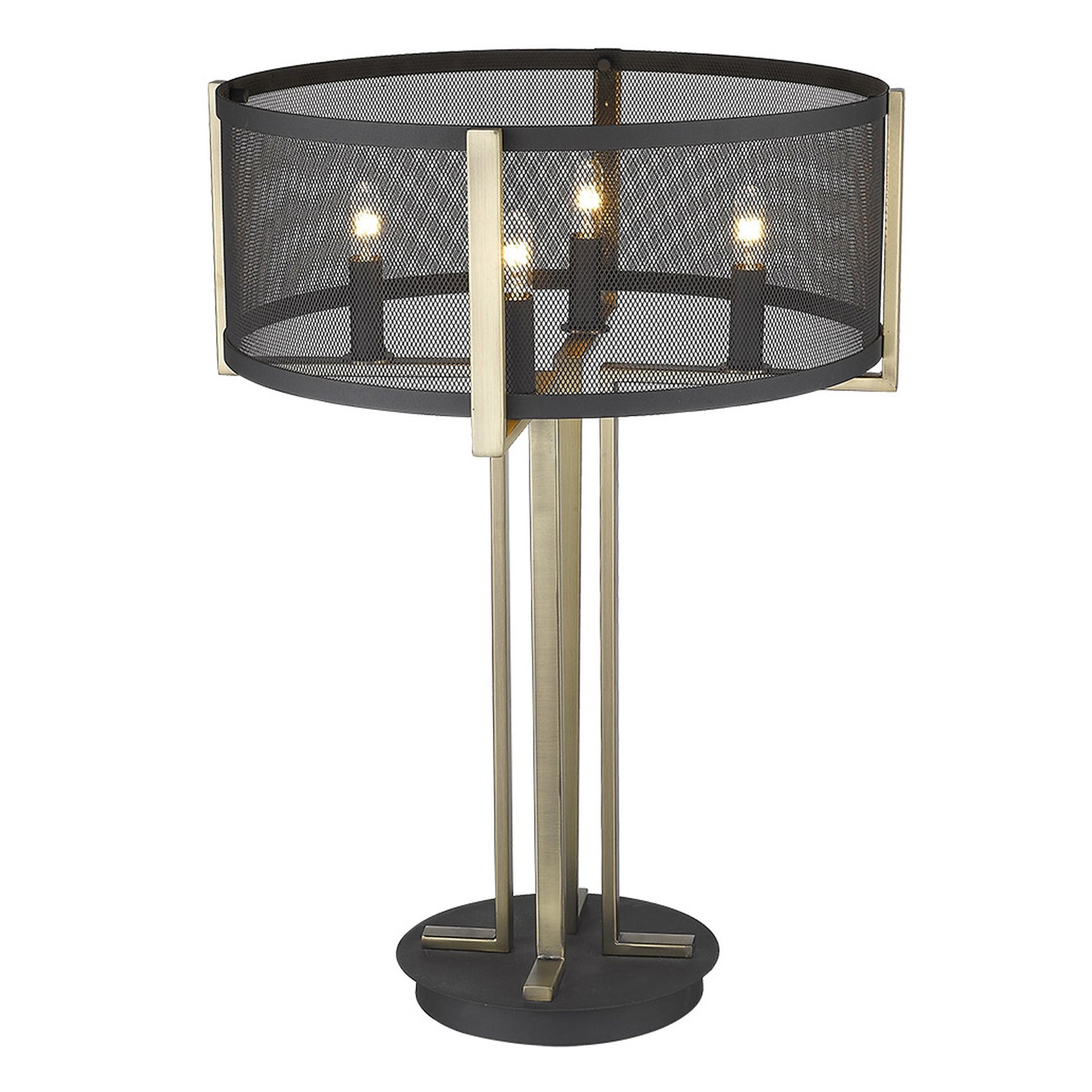 25" Brass Metal Four Light Geometric Table Lamp With Black Drum Shade-Table Lamps-DECOROLALA