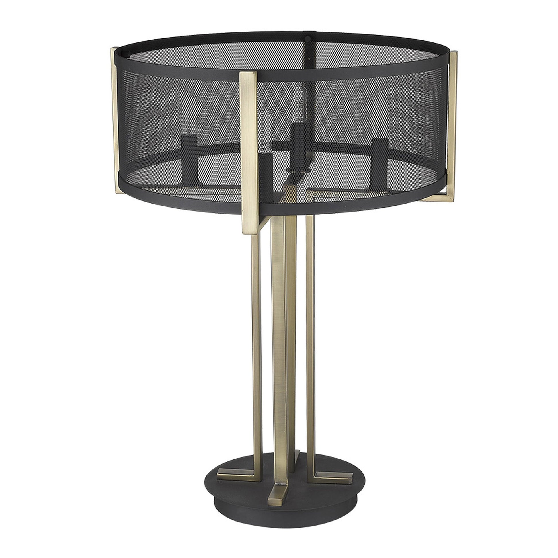 25" Brass Metal Four Light Geometric Table Lamp With Black Drum Shade-Table Lamps-DECOROLALA