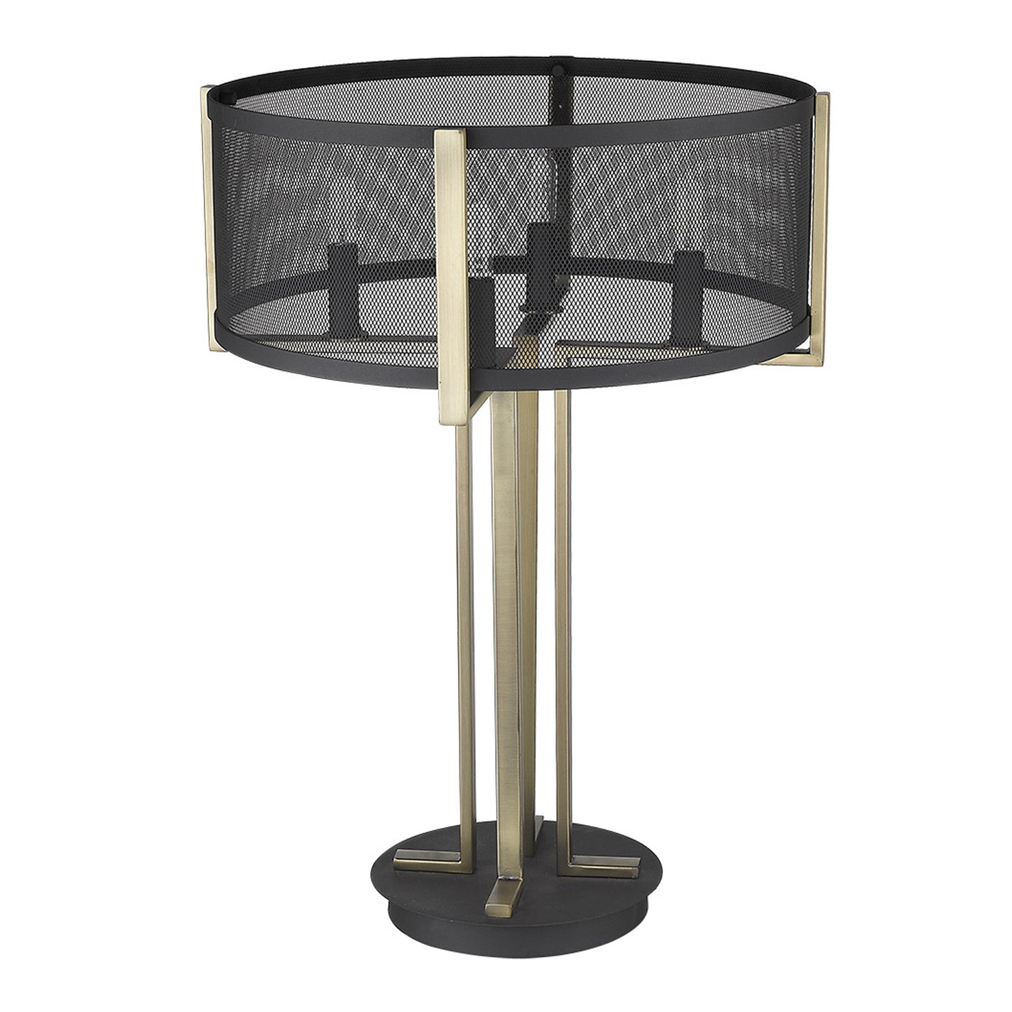 25" Brass Metal Four Light Geometric Table Lamp With Black Drum Shade-Table Lamps-DECOROLALA