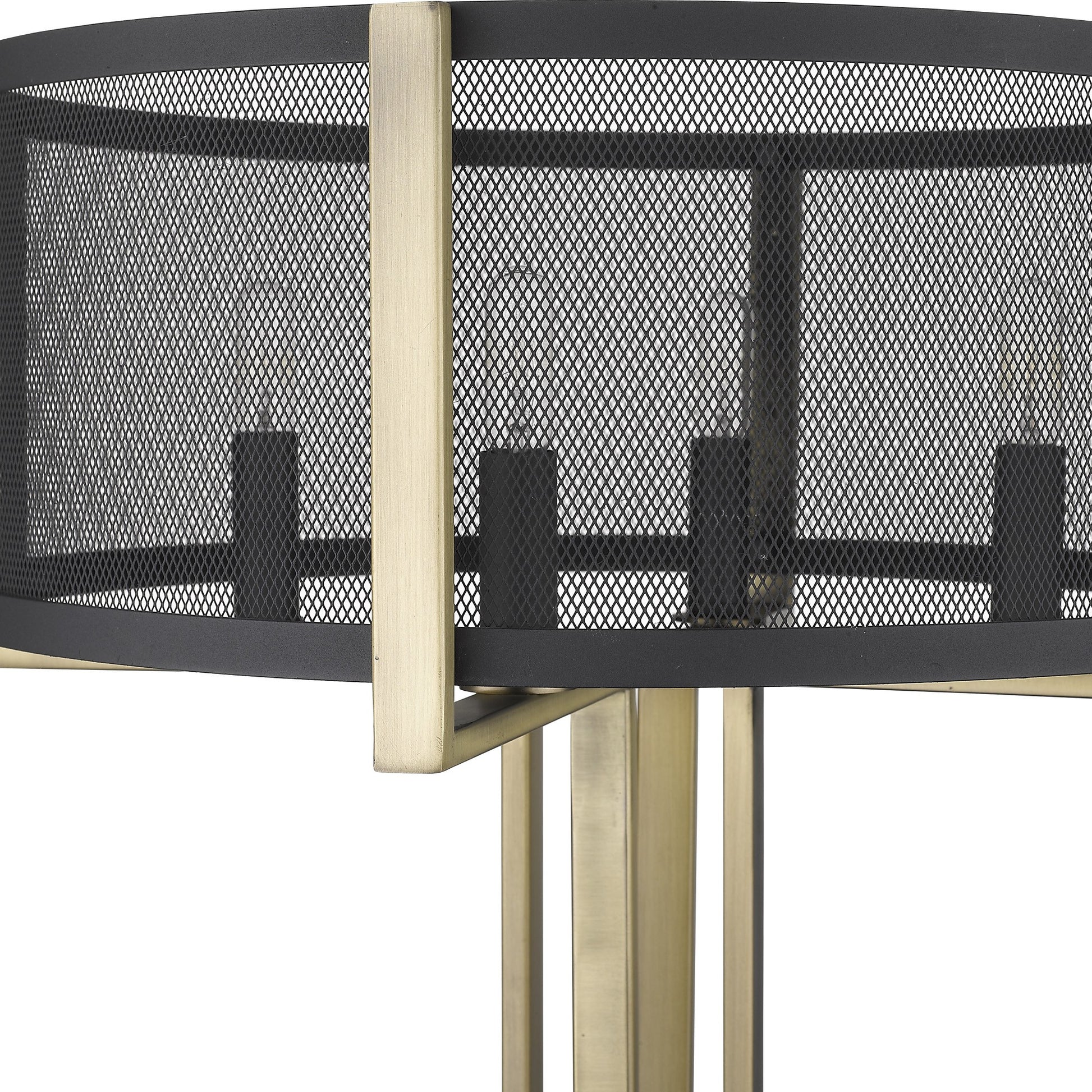 25" Brass Metal Four Light Geometric Table Lamp With Black Drum Shade-Table Lamps-DECOROLALA