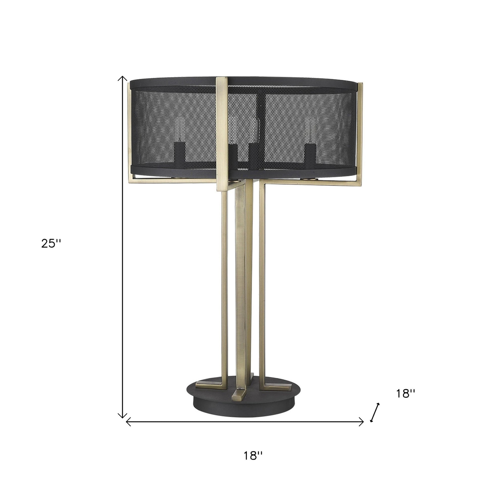 25" Brass Metal Four Light Geometric Table Lamp With Black Drum Shade-Table Lamps-DECOROLALA