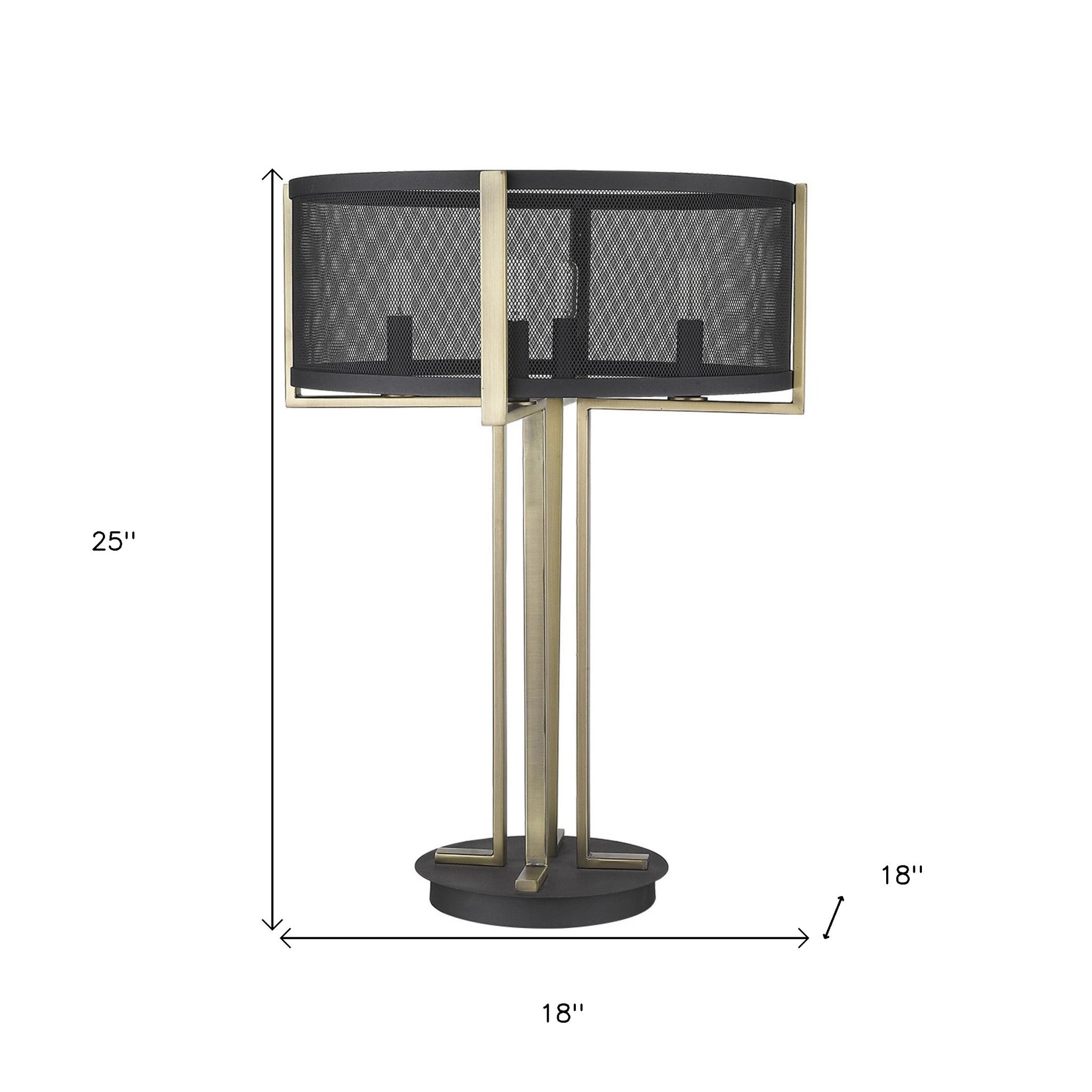 25" Brass Metal Four Light Geometric Table Lamp With Black Drum Shade-Table Lamps-DECOROLALA