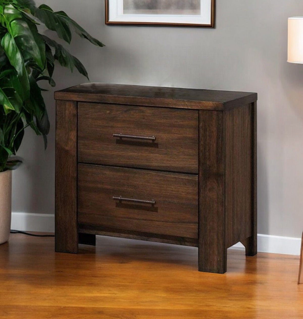 25" Brown Wood Two Drawer Nightstand-Nightstands & Bedside Tables-DECOROLALA