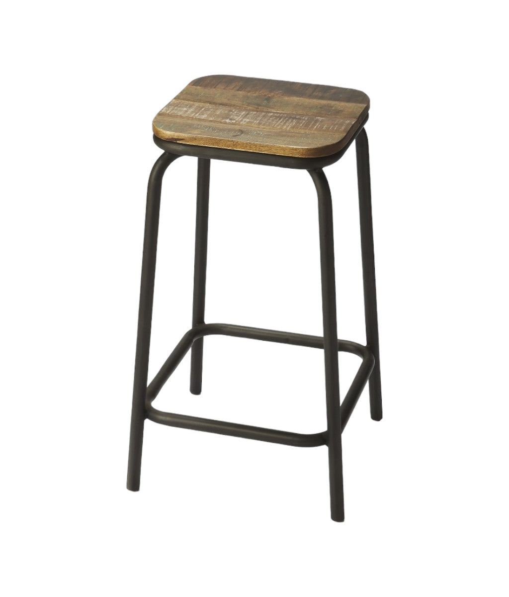 25" Brown and Black Solid Wood and Iron Backless Counter Height Bar Chair-Bar Chairs-DECOROLALA