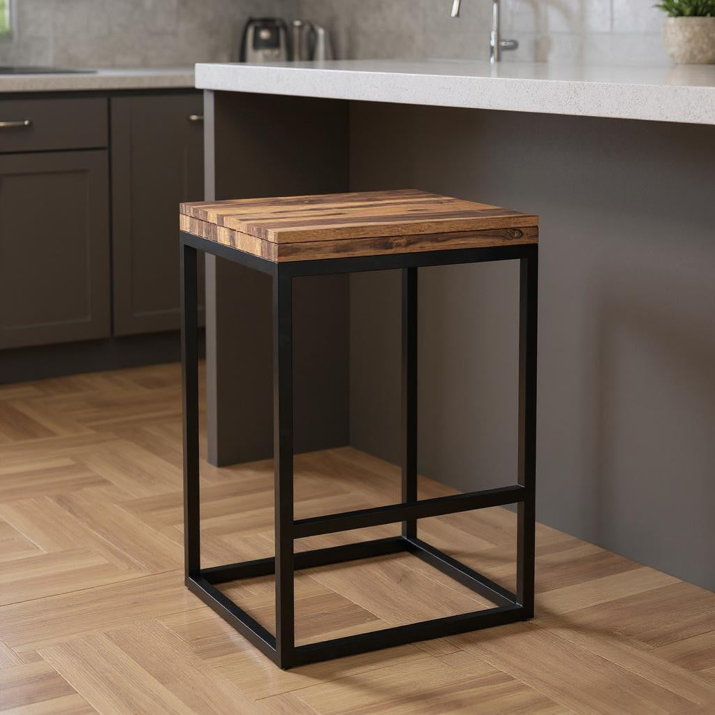 25" Brown and Black Solid Wood and Iron Backless Counter Height Bar Chair-Bar Chairs-DECOROLALA