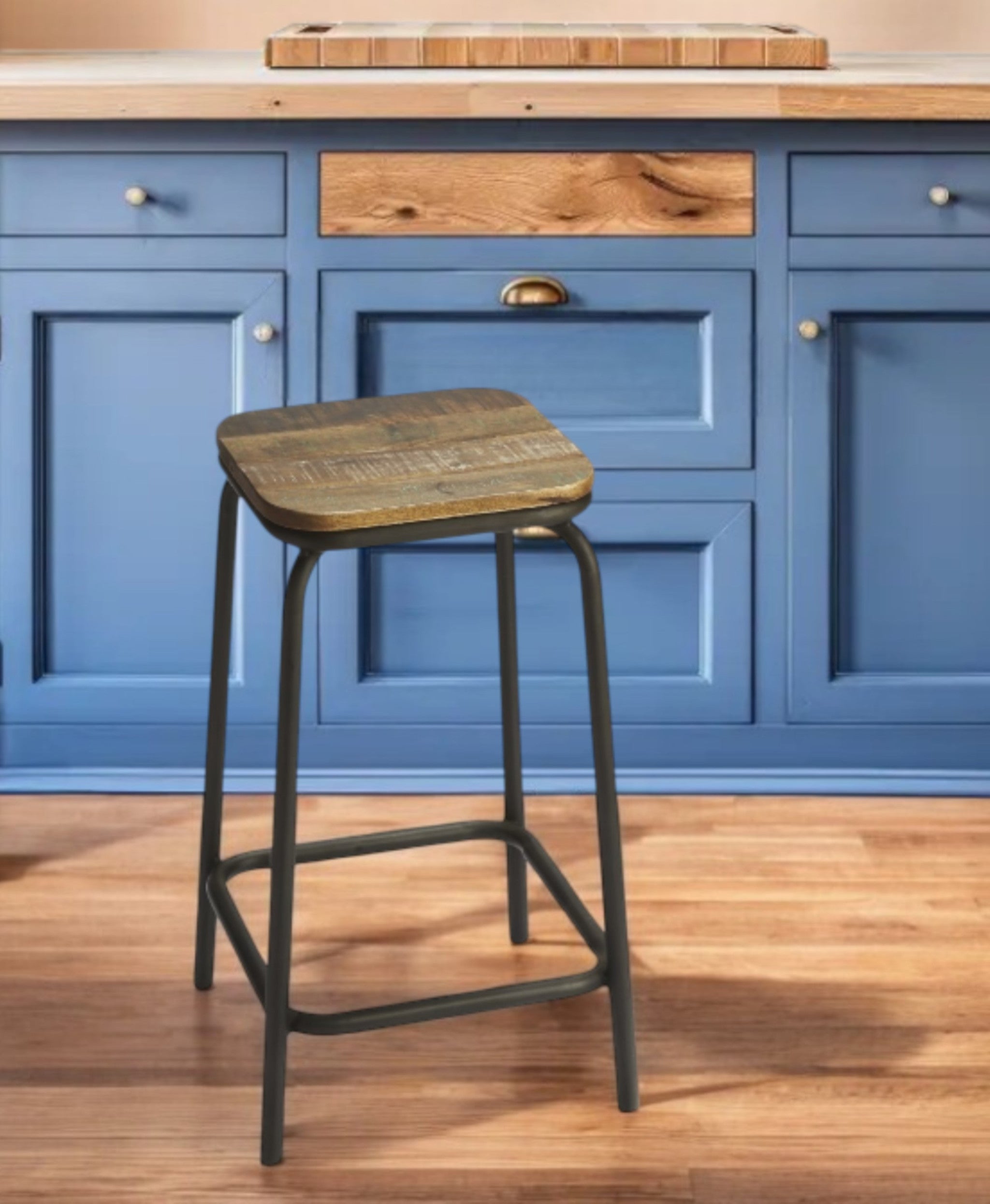 25" Brown and Black Solid Wood and Iron Backless Counter Height Bar Chair-Bar Chairs-DECOROLALA