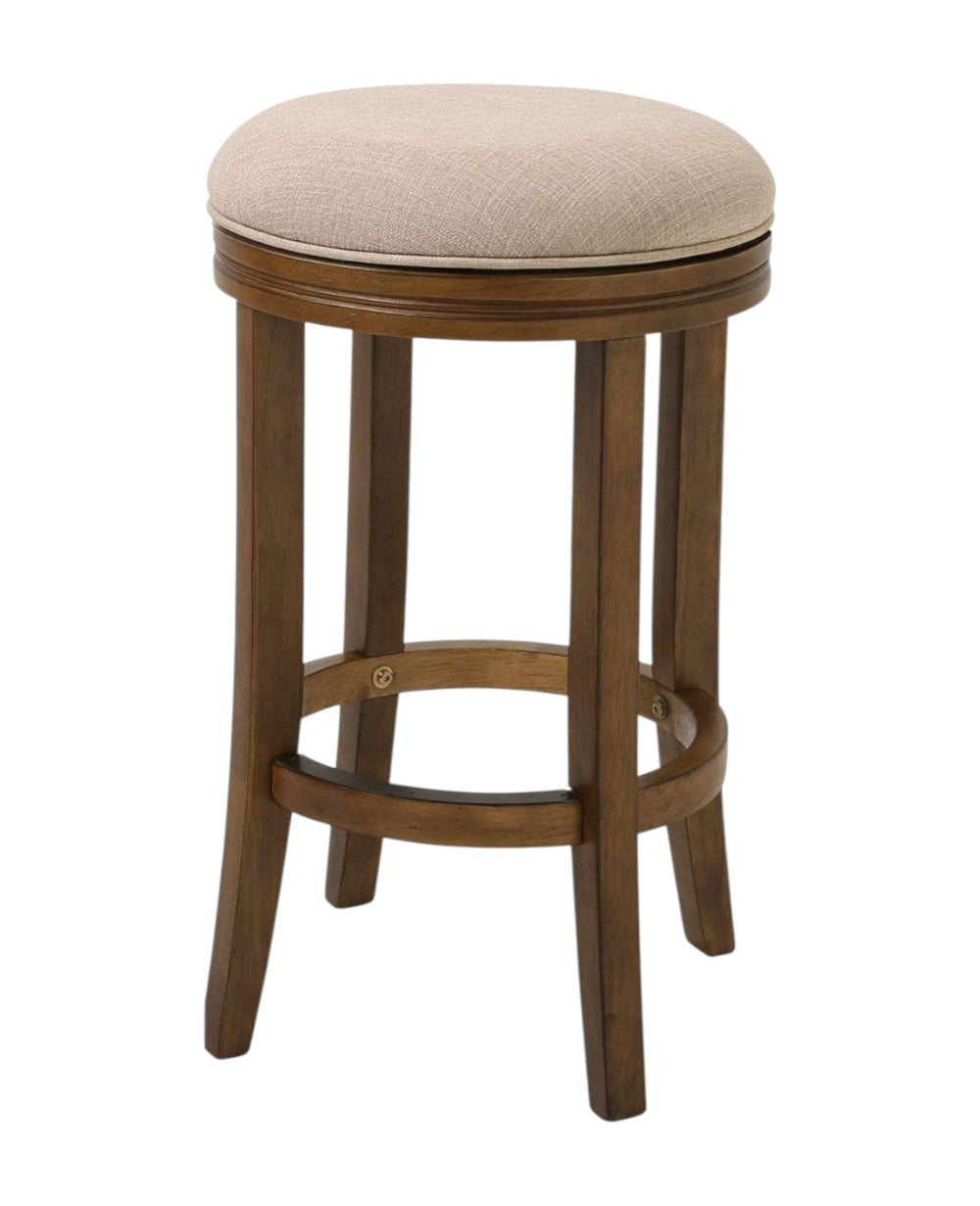 25" Cream and Brown Fabric and Solid Wood Backless Counter Height Swivel Bar Chair-Bar Chairs-DECOROLALA
