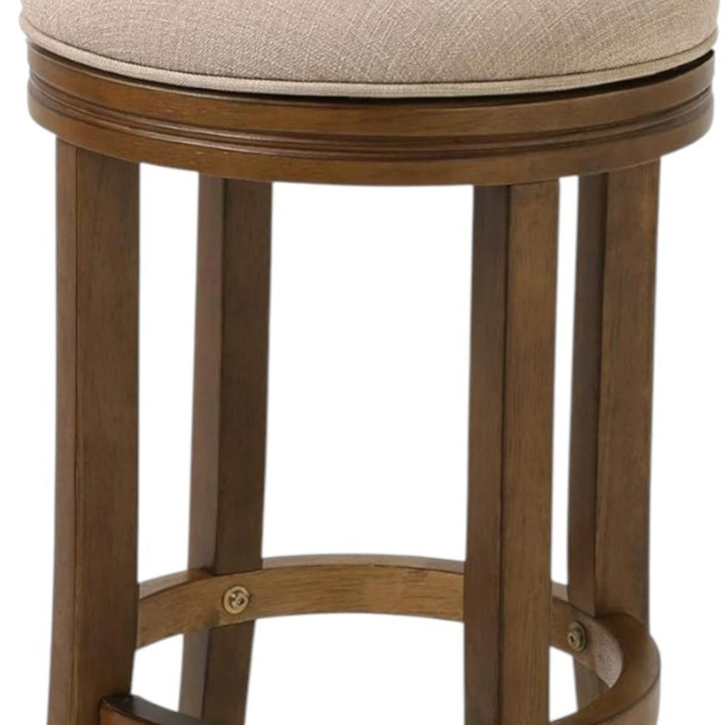 25" Cream and Brown Fabric and Solid Wood Backless Counter Height Swivel Bar Chair-Bar Chairs-DECOROLALA