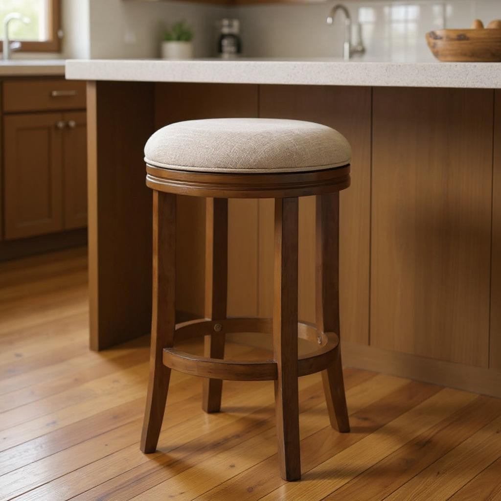 25" Cream and Brown Fabric and Solid Wood Backless Counter Height Swivel Bar Chair-Bar Chairs-DECOROLALA