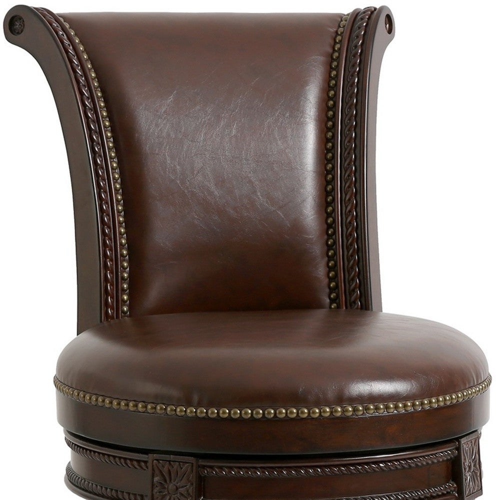 25" Dark Brown Faux Leather and Solid Wood Counter Height Swivel Bar Chair-Bar Chairs-DECOROLALA