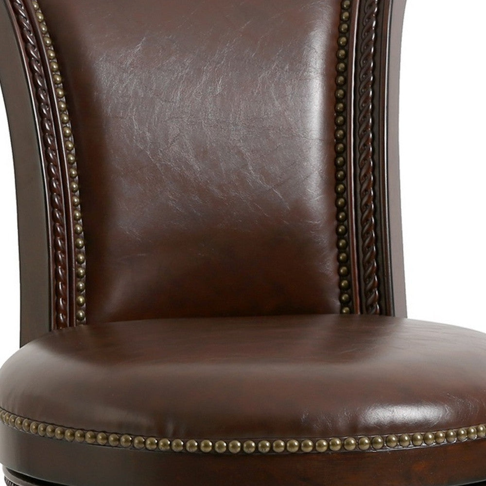 25" Dark Brown Faux Leather and Solid Wood Counter Height Swivel Bar Chair-Bar Chairs-DECOROLALA