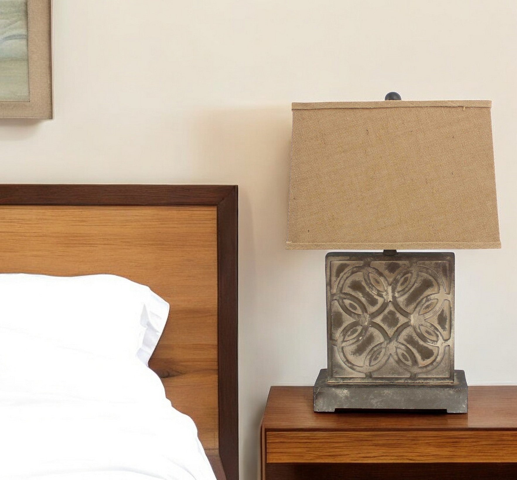 25" Distressed Brown Metal Bedside Lamp With Khaki Shade-Table Lamps-DECOROLALA