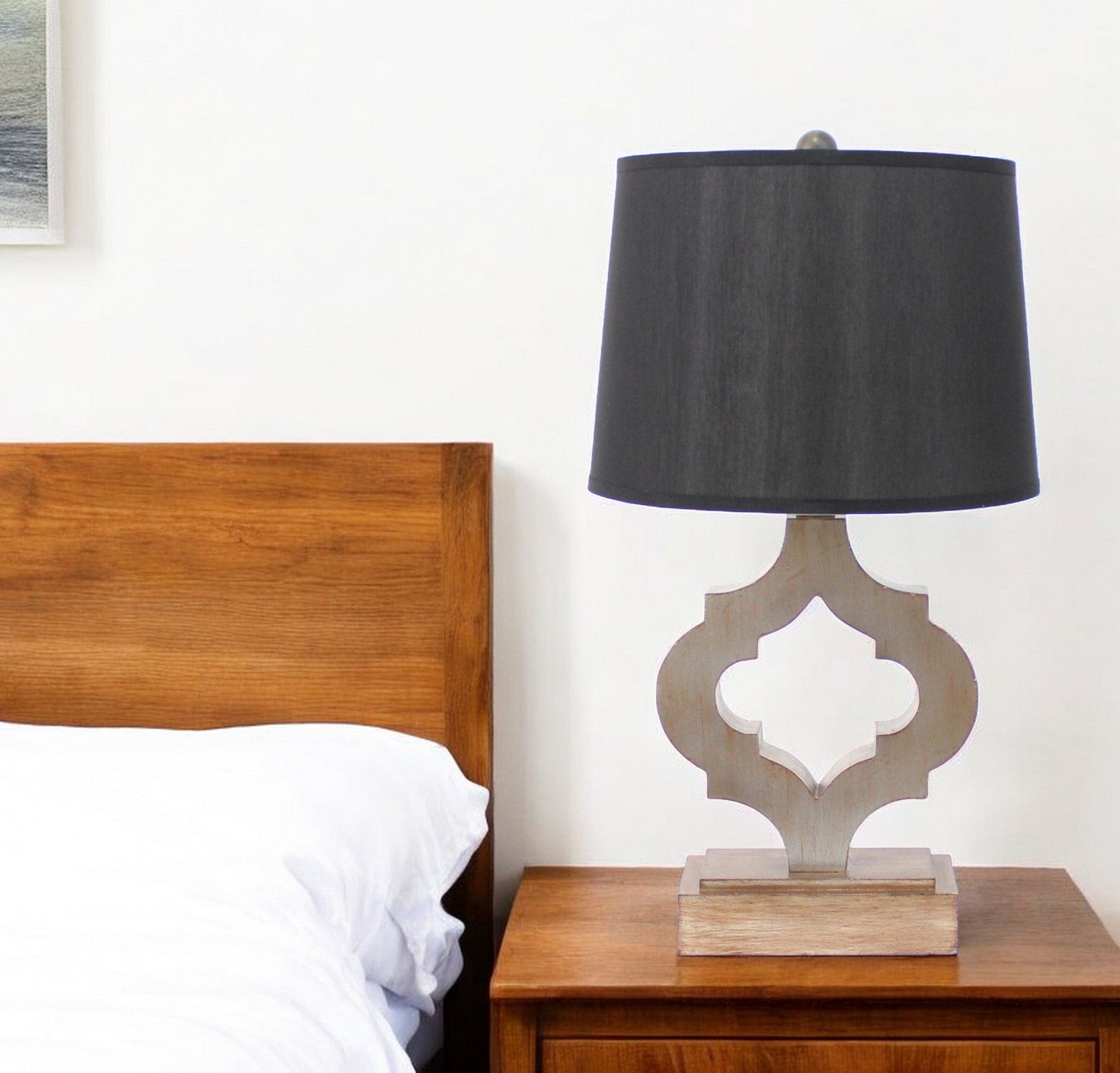 25" Distressed Brown Wood Novelty Bedside Lamp With Black Drum Shade-Table Lamps-DECOROLALA