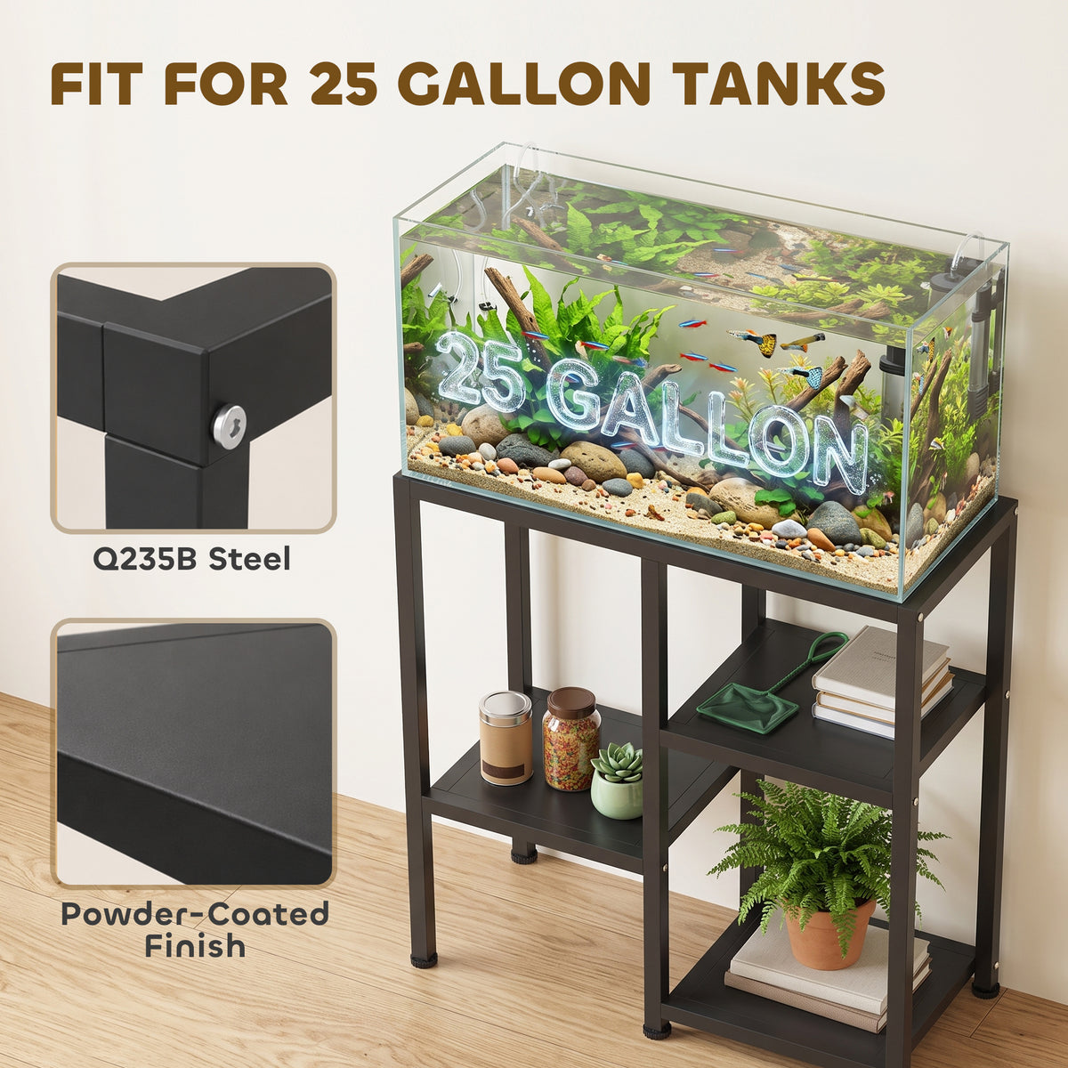 25 Gallon Fish Tank Stand - Black Metal 3-Tier Aquarium Stand-Small Animals-DECOROLALA