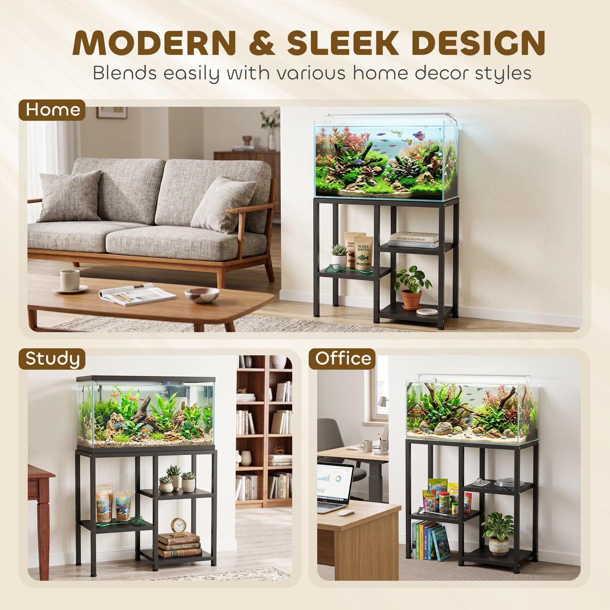 25 Gallon Fish Tank Stand - Black Metal 3-Tier Aquarium Stand-Small Animals-DECOROLALA