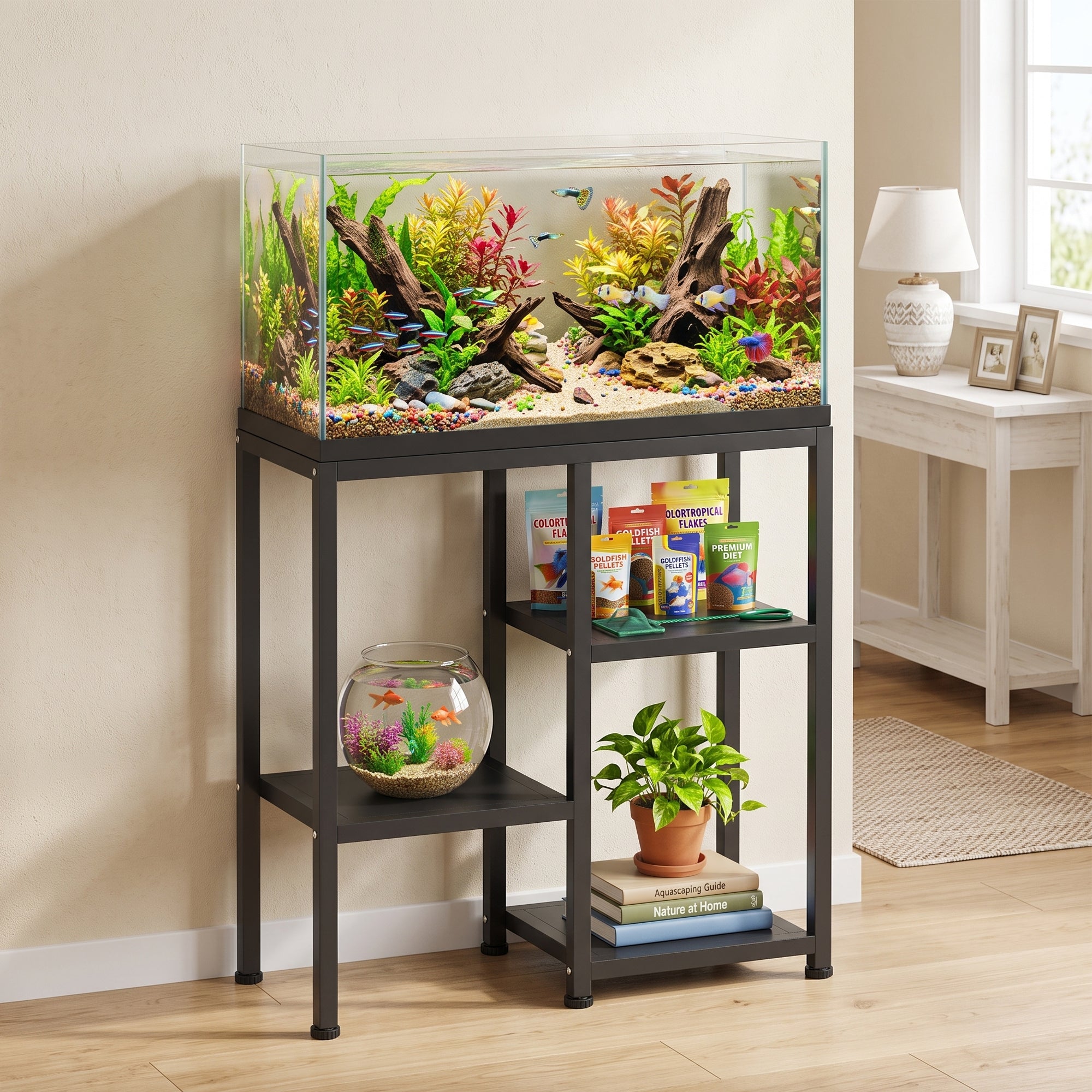 25 Gallon Fish Tank Stand - Black Metal 3-Tier Aquarium Stand-Small Animals-DECOROLALA