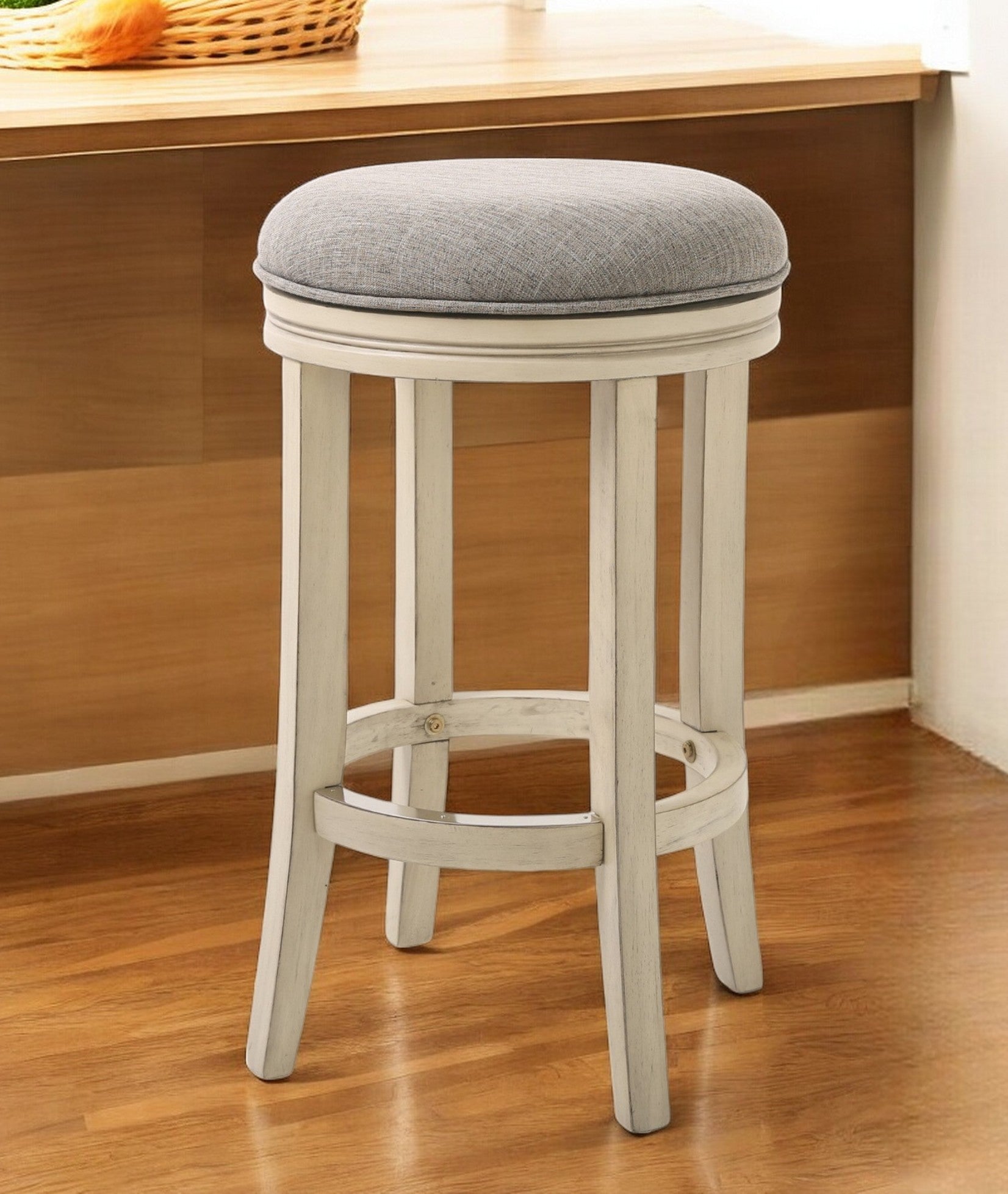 25" Gray and Ivory Fabric and Solid Wood Backless Counter Height Swivel Bar Chair-Bar Chairs-DECOROLALA