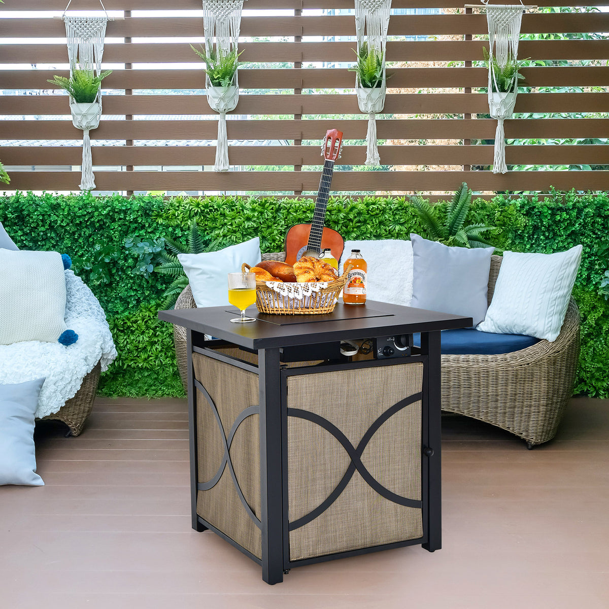 25 Inch 40000 BTU Propane Fire Pit Table with Lid and Fire Glass-Fire Pit Tables-DECOROLALA