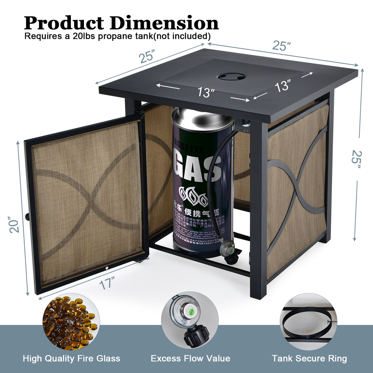 25 Inch 40000 BTU Propane Fire Pit Table with Lid and Fire Glass-Fire Pit Tables-DECOROLALA