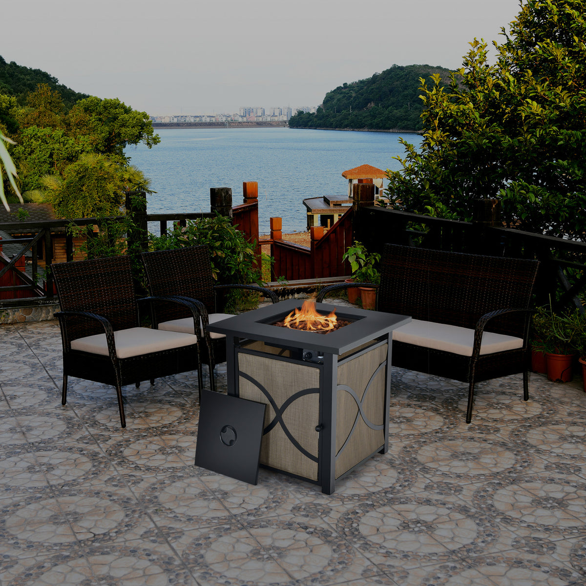 25 Inch 40000 BTU Propane Fire Pit Table with Lid and Fire Glass-Fire Pit Tables-DECOROLALA