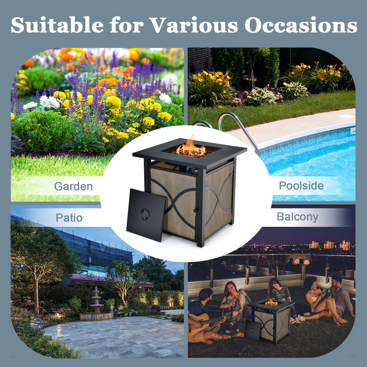 25 Inch 40000 BTU Propane Fire Pit Table with Lid and Fire Glass-Fire Pit Tables-DECOROLALA