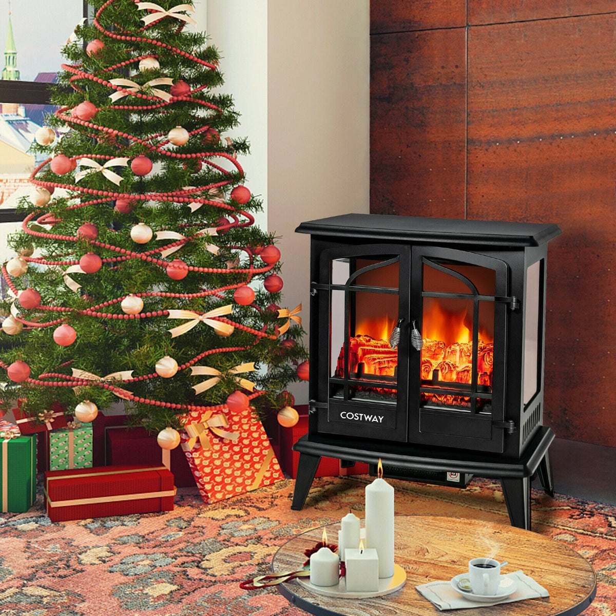 25 Inch Freestanding Electric Fireplace Heater with Realistic Flame effect-Black-Fireplaces-DECOROLALA