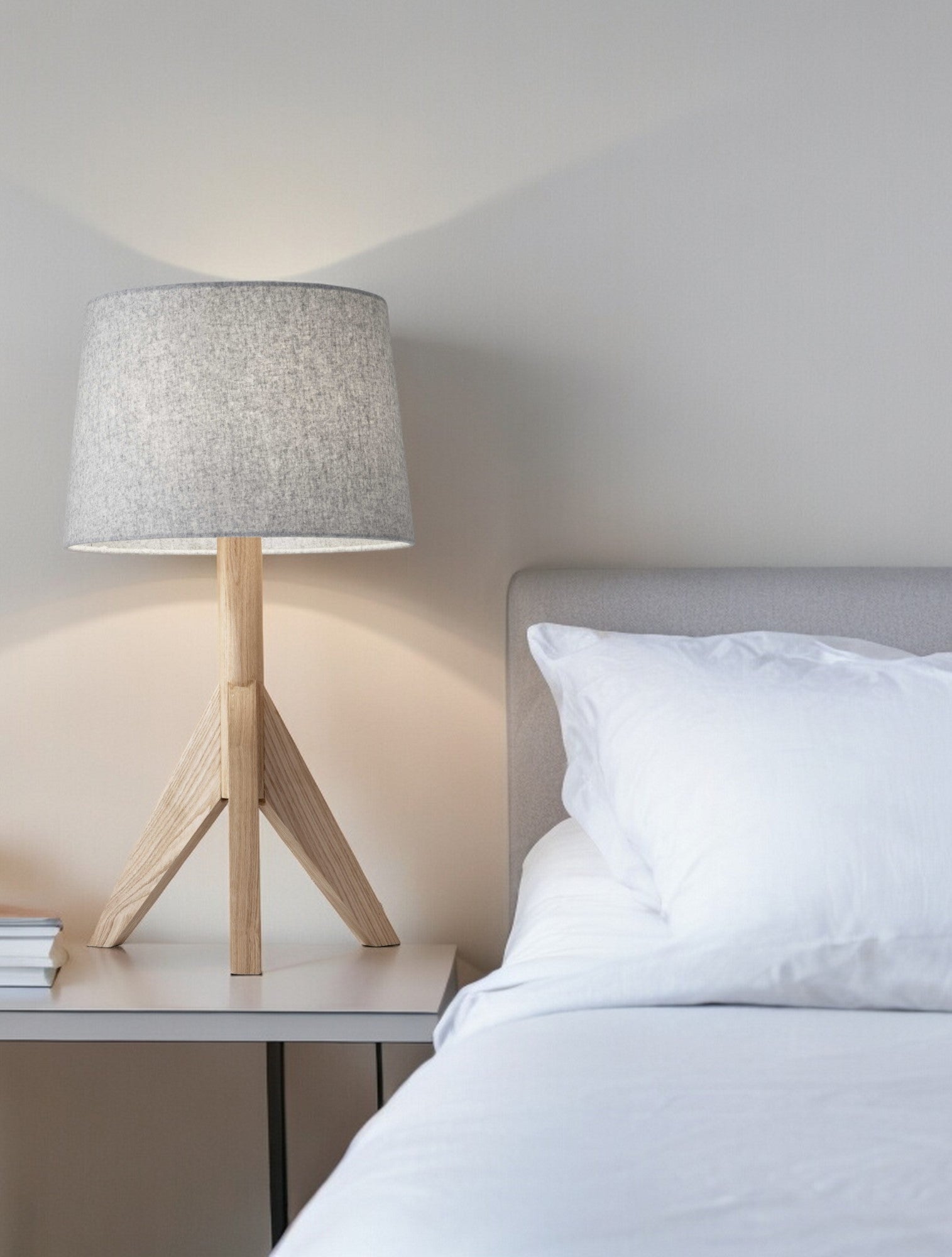 25" Natural Solid Wood Tripod Table Lamp With Gray Empire Shade-Table Lamps-DECOROLALA