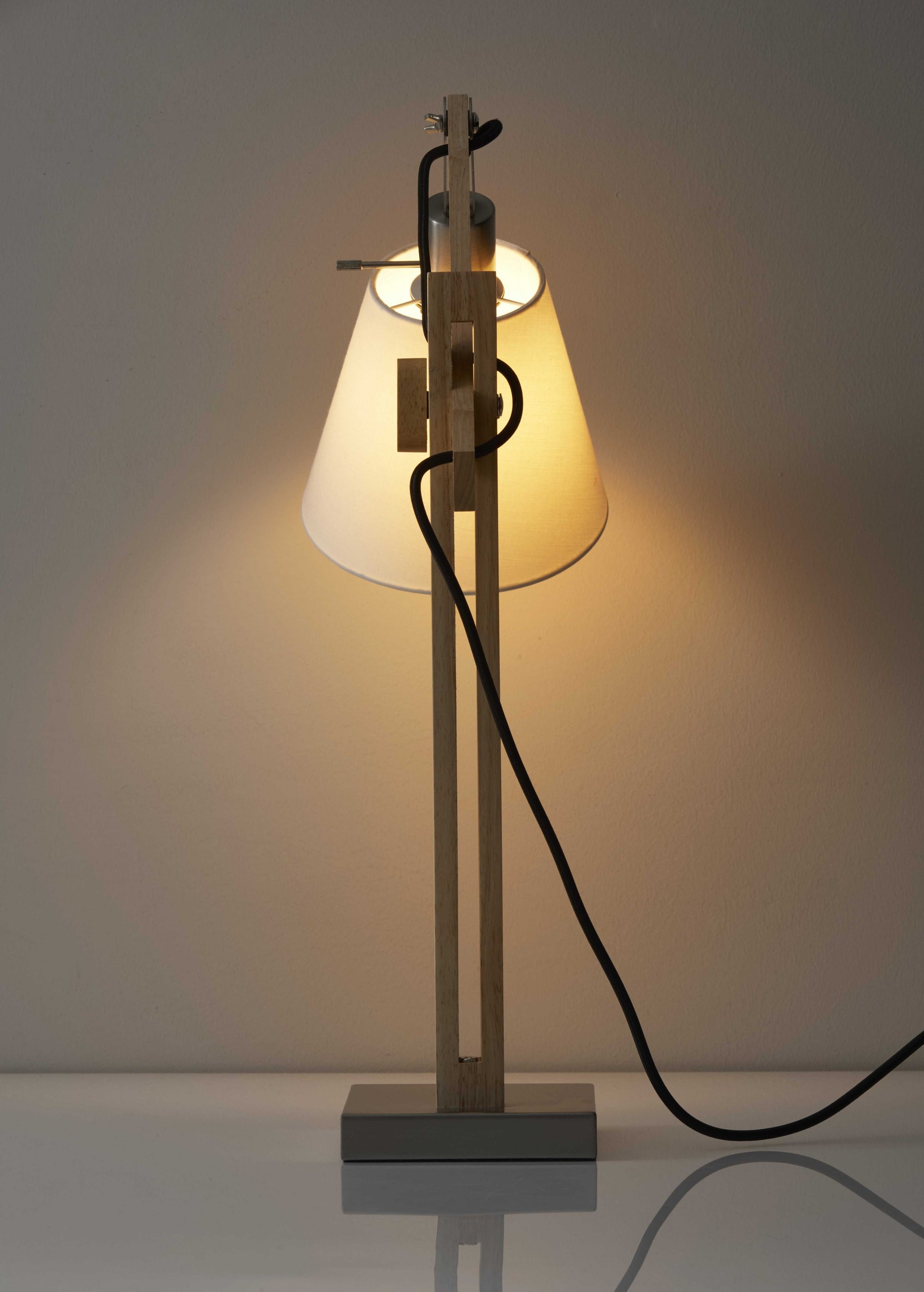 25" Natural Wood Adjustable Height Table Lamp With White Bell Shade-Table Lamps-DECOROLALA