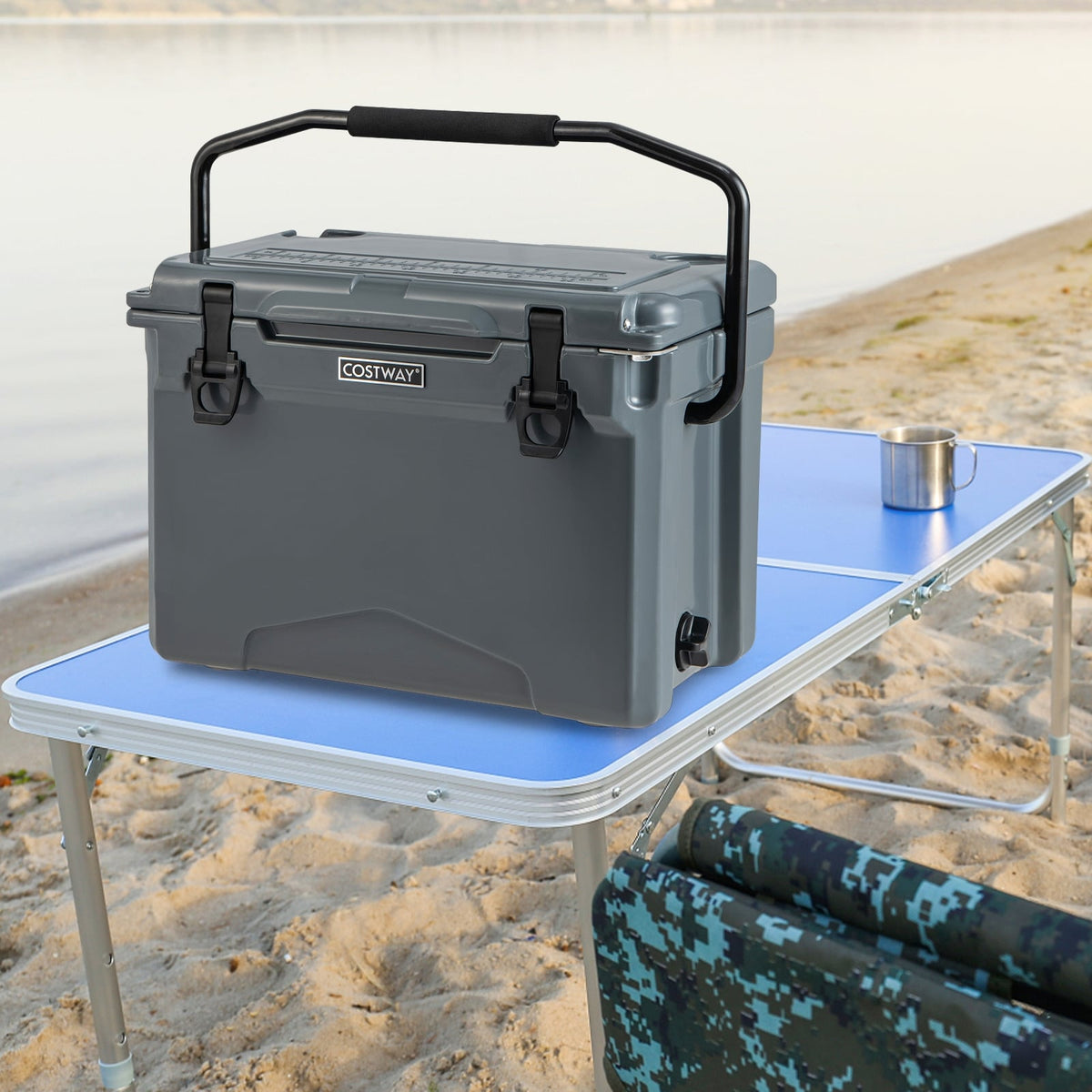 25 QT Hard Cooler with Aluminum Handle and Integrated Cup Holders-Gray-Coolers-DECOROLALA