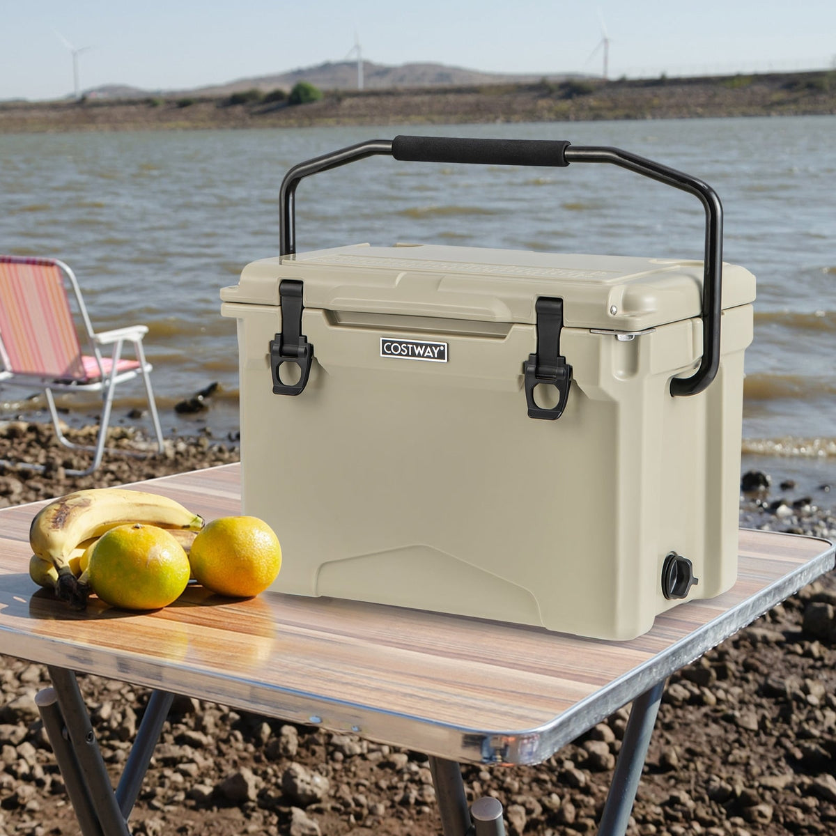 25 QT Hard Cooler with Aluminum Handle and Integrated Cup Holders-Tan-Coolers-DECOROLALA