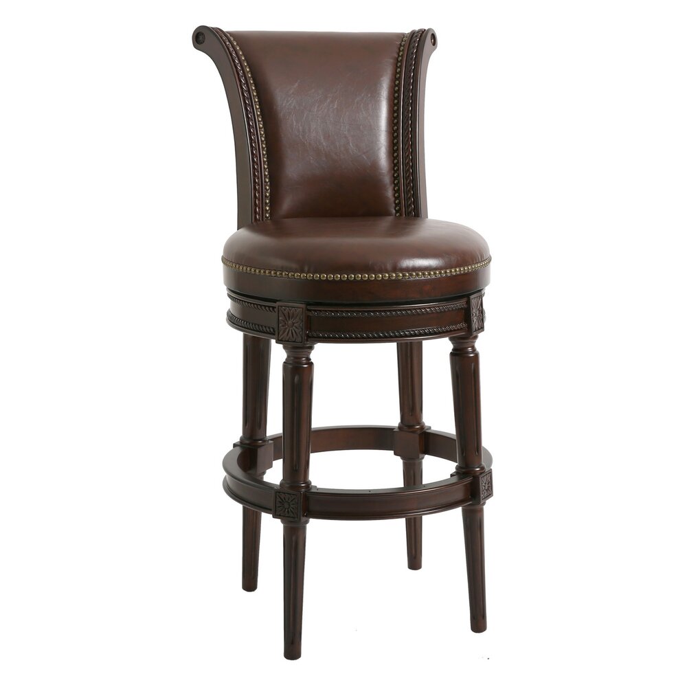 25" Walnut and Dark Brown Faux Leather and Solid Wood Bar Height Swivel Bar Chair-Bar Chairs-DECOROLALA