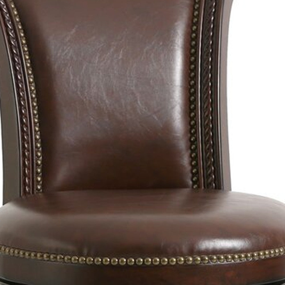 25" Walnut and Dark Brown Faux Leather and Solid Wood Bar Height Swivel Bar Chair-Bar Chairs-DECOROLALA