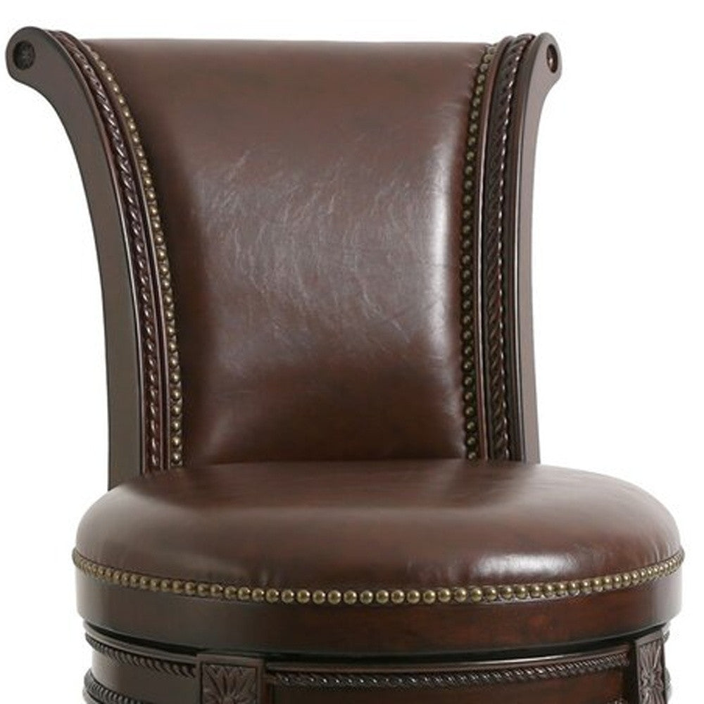 25" Walnut and Dark Brown Faux Leather and Solid Wood Bar Height Swivel Bar Chair-Bar Chairs-DECOROLALA
