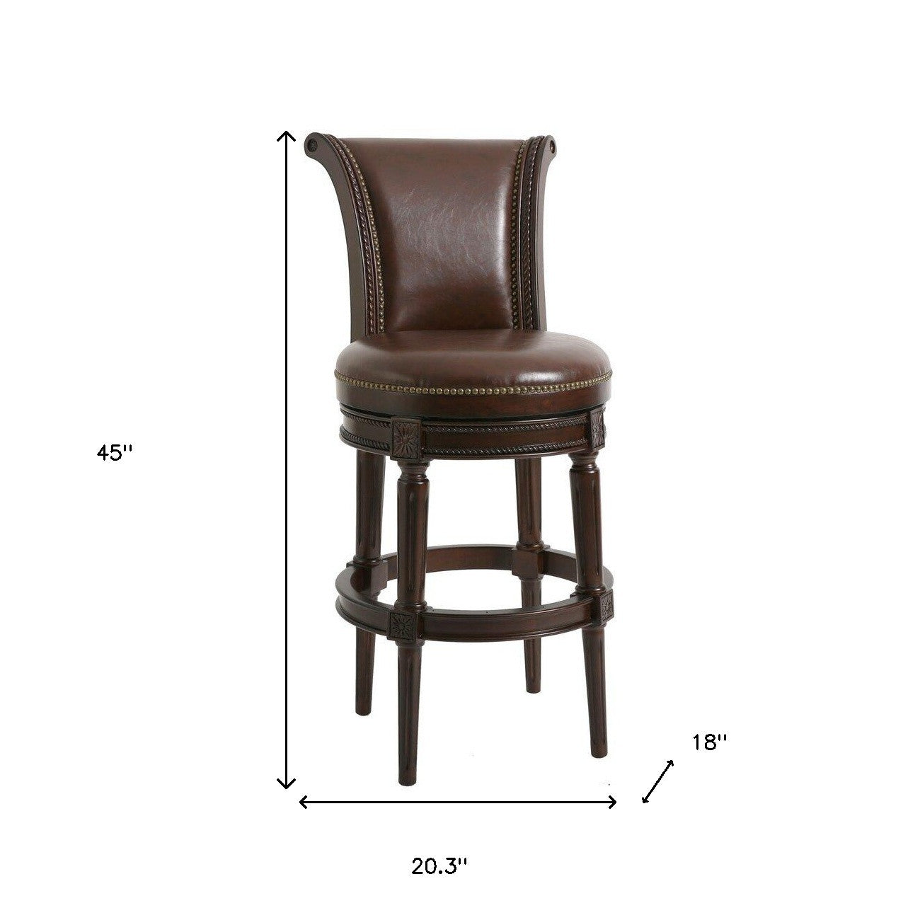 25" Walnut and Dark Brown Faux Leather and Solid Wood Bar Height Swivel Bar Chair-Bar Chairs-DECOROLALA