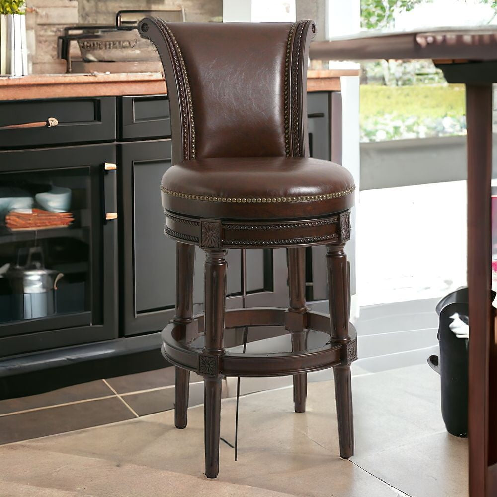 25" Walnut and Dark Brown Faux Leather and Solid Wood Bar Height Swivel Bar Chair-Bar Chairs-DECOROLALA